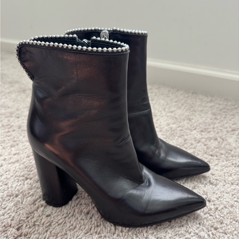 Women's Black Pointed Toe Ankle Boots with Silver Trim